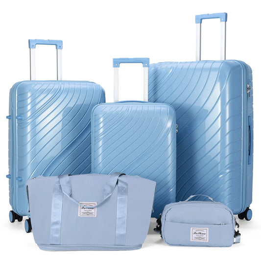 5 Piece Luggage Sets, PP Hardside Luggage Suitcase Set with Portable Travel Bag, Spinner Wheels and TSA Lock, Blue