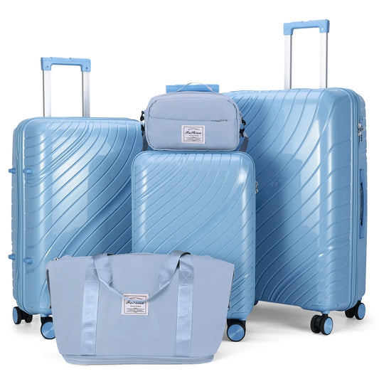 5 Piece Luggage Sets, PP Hardside Luggage Suitcase Set with Portable Travel Bag, Spinner Wheels and TSA Lock, Blue